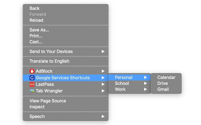 Extension Options Shows the extension options to open different Google accounts